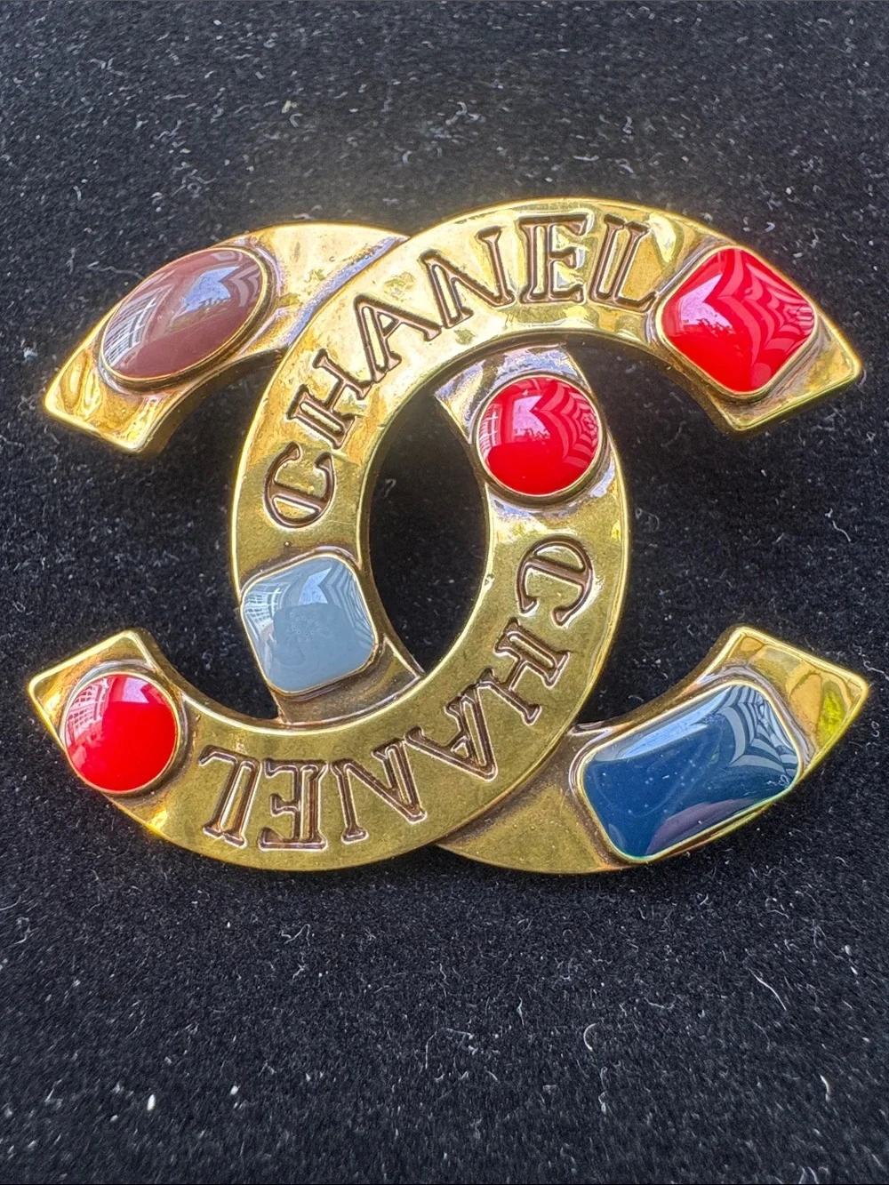 Brooch Gold-Tone CC Logo  with Red, Blue, Gray Cabochons